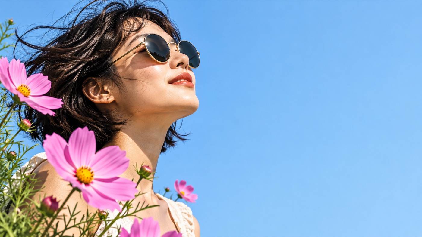 戴墨镜的女子仰面迎着阳光，前景是粉色波斯菊